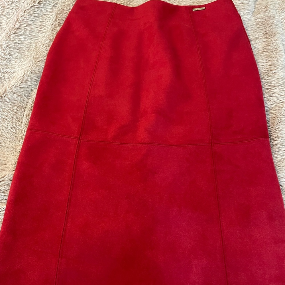 Sexy Red MIDI Stretch Faux Suede skirt.  Polyester/spandex Material.